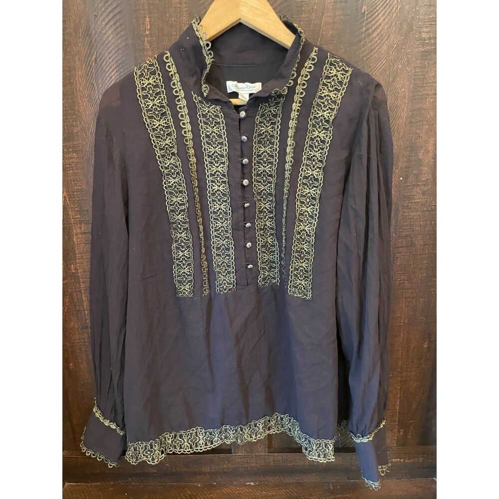 Black Sheer Blouse XL Gold Lace Trim Victorian Gothic Romantic Boho Top